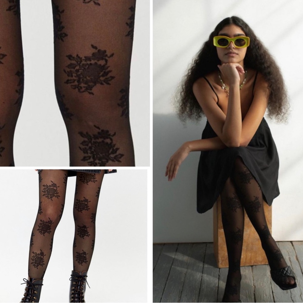 Black Sheer Flower Print Urban Outfitters Leggings/Tights